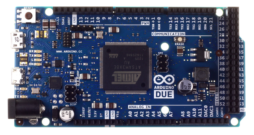 PLACEHOLDER (stock photo, to be replaced with Jeff's own build photo) — An Arduino Due board: the Atmel SAM3X8E ARM Cortex-M3 microcontroller that runs David Hansel's 8080 emulator and becomes the …